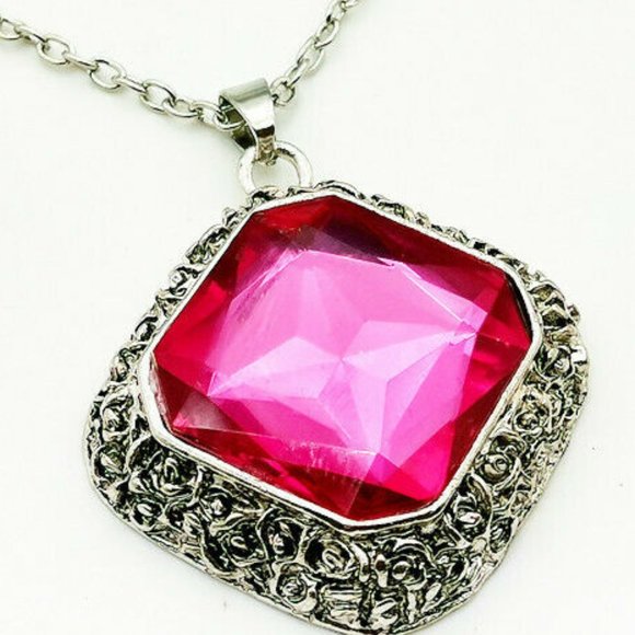 Large PINK Stone Pendant NECKLACE Silvertone Frame and Chain - Picture 1 of 3